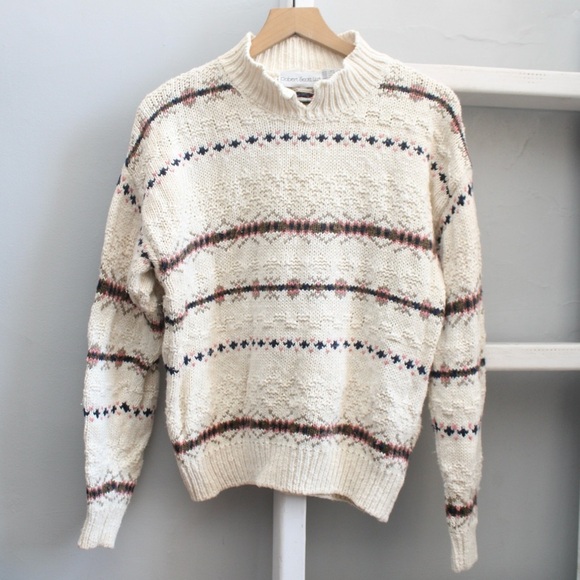 Robert Scott Sweaters - Robert Scott Ltd VTG Cream Knit Linen Cotton Fair Isle Collared Sweater Medium